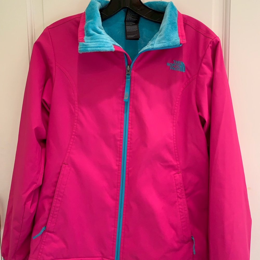 hot pink and blue northface raincoat